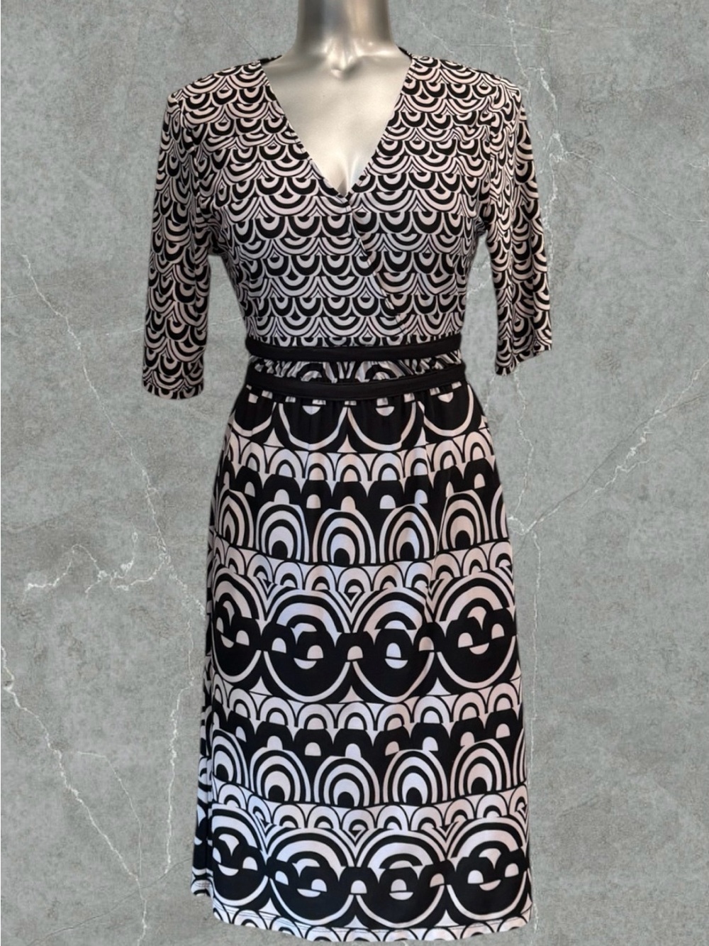 2 for $30 | Vintage Geometric Black and White Midi Dress with V-Neck